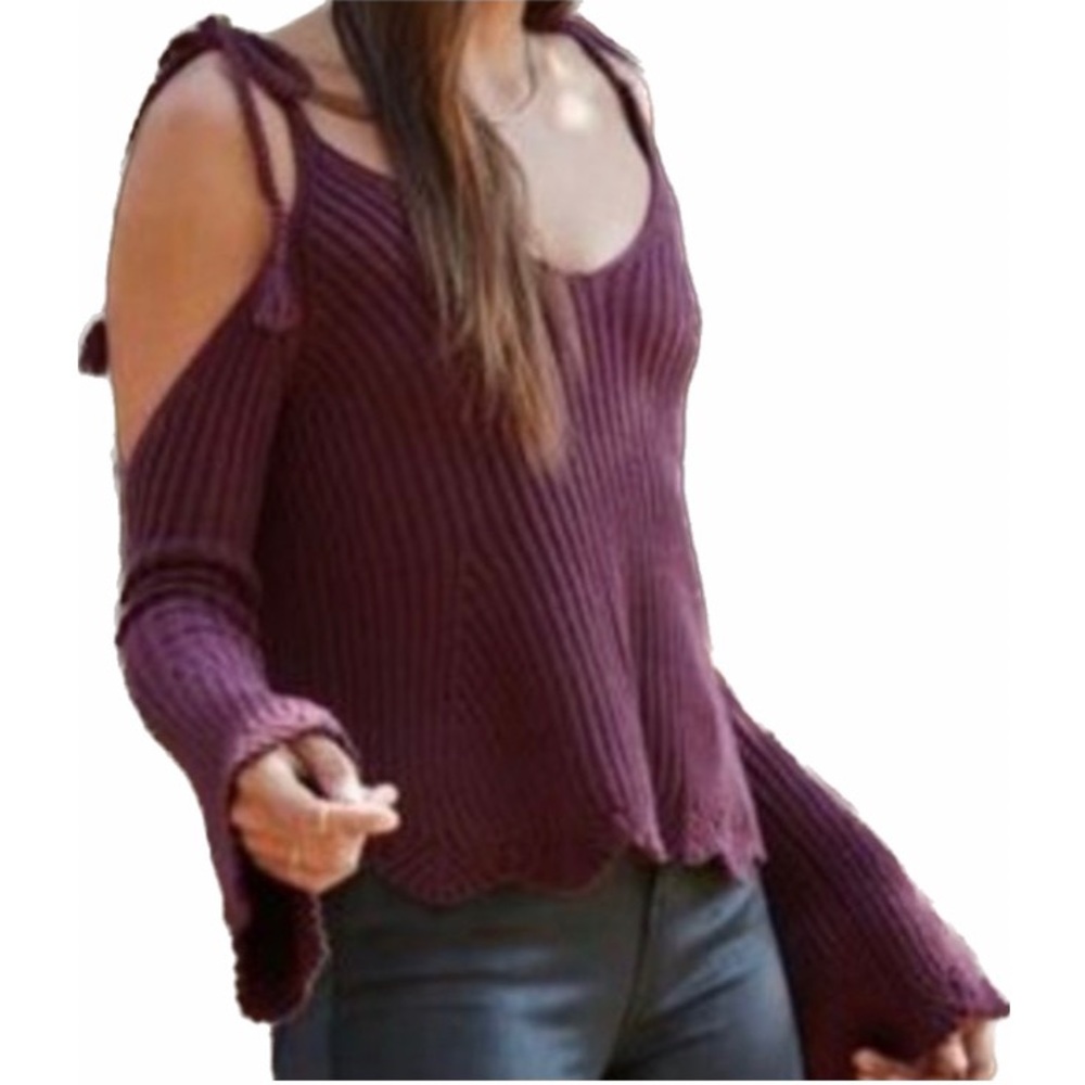 PacSun L.A. Hearts Maroon V-Neck Cold Shoulder Knitted Bell Sleeve Sweater Top